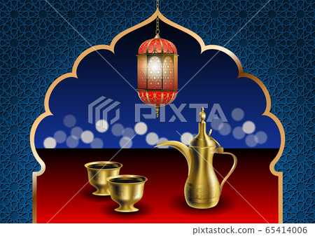 Ramadan iftar party food vector illustration. Traditional eastern dallah coffee pot with two cups of bitter coffee Khaleeji and arabic lantern. Oriental arch and ornament. 65414006