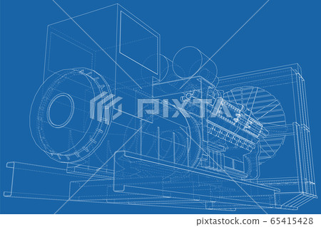 Gas-engine. Gas engine is an internal combustion engine which runs on a gas fuel. Wire-frame line isolated on white. Vector rendering of 3d 65415428