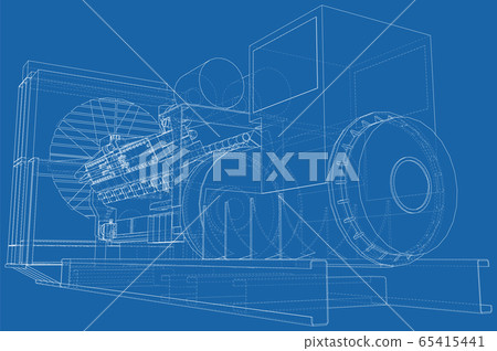 Diesel generator unit for factory. The layers of visible and invisible lines are separated. Wire-frame outline 65415441