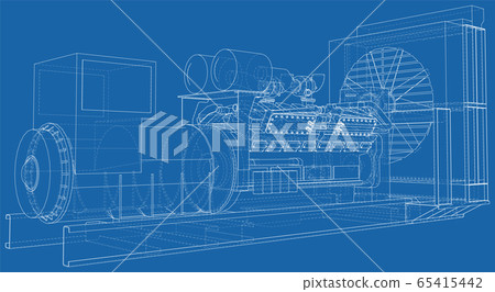 Generator. Diesel and gas industrial electric generator. The layers of visible and invisible lines are separated. Wire-frame outline 65415442