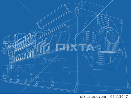 Gas-engine. Gas engine is an internal combustion engine which runs on a gas fuel. Wire-frame line isolated on white. Vector rendering of 3d 65415447