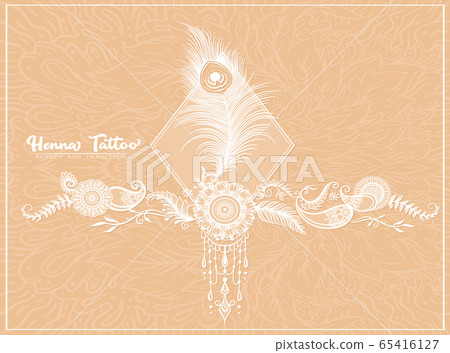 Traditional indian henna tattoo with peacock feather. Traditional indian henna tattoo with peacock feather. 65416127