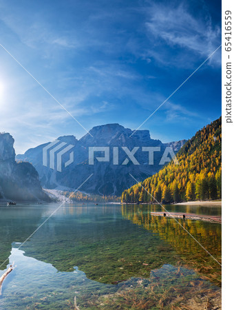 Autumn peaceful alpine lake Braies or Pragser Autumn peaceful alpine lake Braies or Pragser 65416559