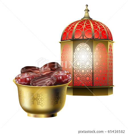 Retro vintage arabic burning lantern with oriental ornament and bowl with dried dates. Vector realistic 3D image isolated on white background 65416582