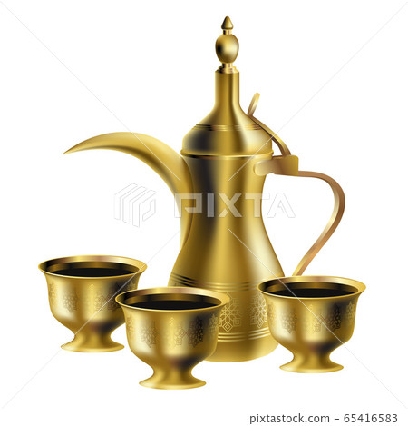 Golden realistic vector 3D arabic coffee pot dallah and three cups of bitter coffee Khaleeji isolated on white background Golden realistic vector 3D arabic coffee pot dallah and three cups of bitter coffee Khaleeji isolated on white background 65416583