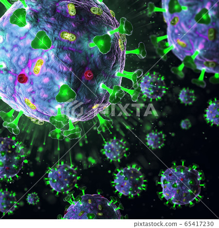 3d render of pathogenic virus organism or bacteria infecting and causing disease. Close up from microscope of coronavirus. 65417230