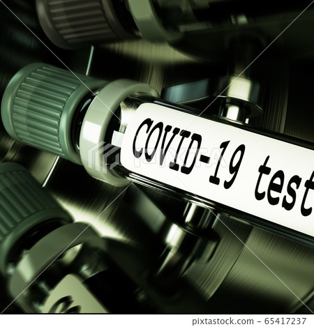 Tube of biological sample contaminated by Coronavirus with label Covid-19. Vials of blood in a centrifuge. Pandemic infectious concept. 3D 65417237