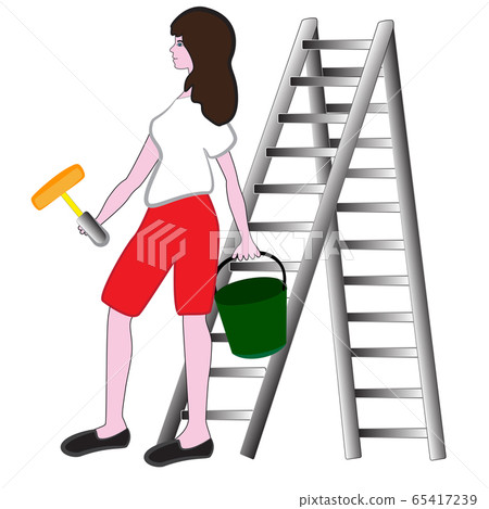 The girl painter is holding a paint roller and a 65417239