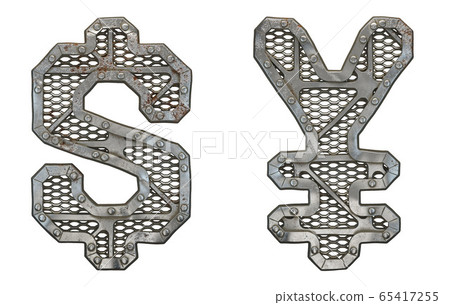 Mechanical alphabet made from rivet metal with gears on white background. Set of symbols dollar and yen. 3D 65417255