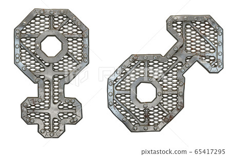 Mechanical alphabet made from rivet metal with gears on white background. Set of symbols Female and male. 3D 65417295