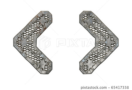 Mechanical alphabet made from rivet metal with gears on white background. Set of symbols left and right angle bracket. 3D Mechanical alphabet made from rivet metal with gears on white background. Set of symbols left and right angle bracket. 3D 65417338