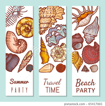 Sea shell poster concept banner, summer party travel time and beach gathering flat vector illustration. Tropical vacation, explore ocean flora fauna. Sea shell poster concept banner, summer party travel time and beach gathering flat vector illustration. Tropical vacation, explore ocean flora fauna. 65417881