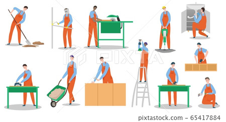 Set of builders workers people characters isolated flat vector illustration, foreman building, welding, carrying ladder, making brickwork, holding hummer. Set of builders workers people characters isolated flat vector illustration, foreman building, welding, carrying ladder, making brickwork, holding hummer. 65417884