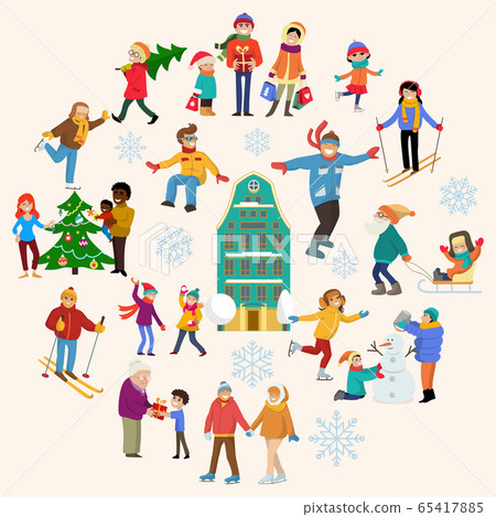 Group of people relax winter sport, christmas holiday mood season flat vector illustration. Xmas cold season character people rest. Group of people relax winter sport, christmas holiday mood season flat vector illustration. Xmas cold season character people rest. 65417885