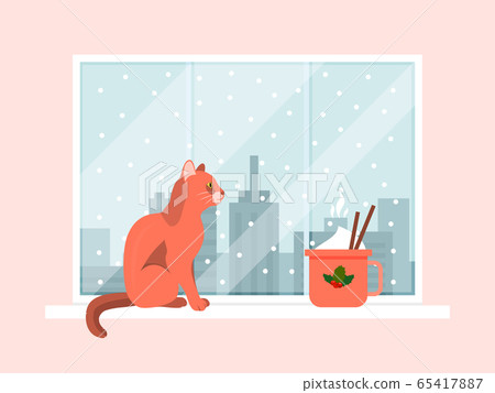 Cat sitting winter window, cozy cold season urban landscape and coffee cap flat vector illustration. Christmas mood holiday, city space view. Cat sitting winter window, cozy cold season urban landscape and coffee cap flat vector illustration. Christmas mood holiday, city space view. 65417887