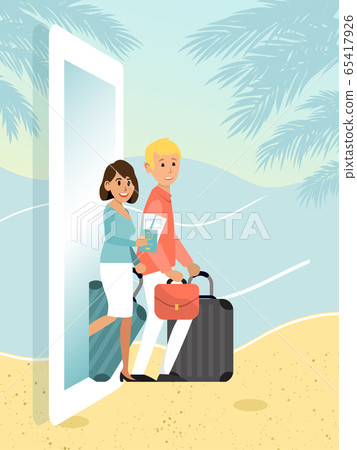 Online order travel ticket, buy vacation voucher mobile phone and smartphone flat vector illustration. Tropical holiday destination. Online order travel ticket, buy vacation voucher mobile phone and smartphone flat vector illustration. Tropical holiday destination. 65417926