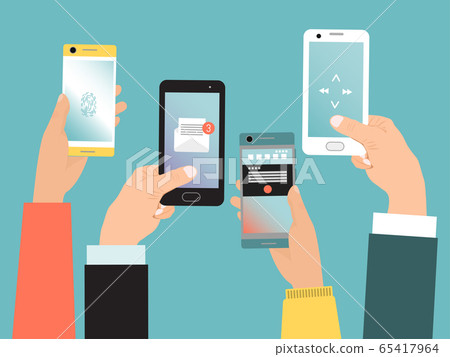 Concept hand hold mobile phone, modern communication life with smartphone isolated on blue, flat vector illustration. Online virtual technology phone. 65417964