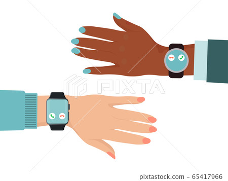 Hand different nations wear smartwatch, black and white color skin arm isolated on white, flat vector illustration. Online modern technology. 65417966