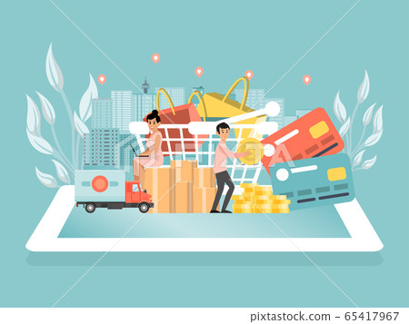 Online shopping store tiny character hold gold coin cash, lorry delivery goods concept flat vector illustration. Digital device tablet. 65417967