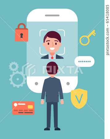 Face recognition concept poster, technology unlock mobile phone isolated on blue, flat vector illustration. Protection personal data. 65418085