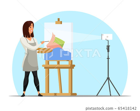 Woman shooting video content about drawing picture Woman shooting video content about drawing picture 65418142