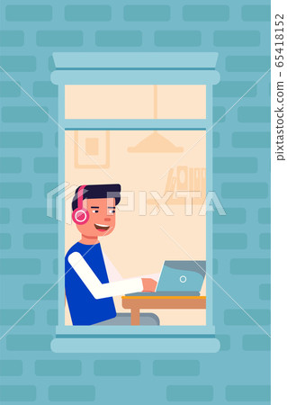 Man in headphone gaming on laptop view from window Man in headphone gaming on laptop view from window 65418152