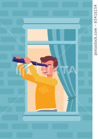 Man looking through telescope in window illustration isolated on blue background Man looking through telescope in window illustration isolated on blue background 65418154