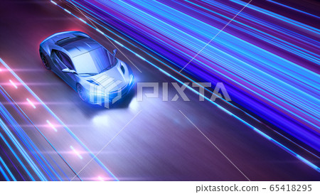A modern sports car drives quickly through an abstract light tunnel . A modern sports car drives quickly through an abstract light tunnel . 65418295