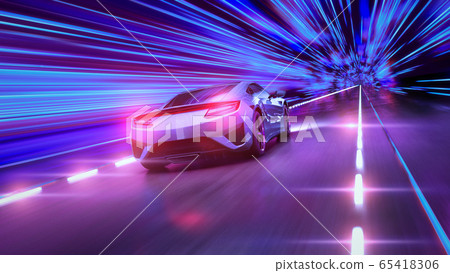 A modern sports car drives quickly through an abstract light tunnel . A modern sports car drives quickly through an abstract light tunnel . 65418306