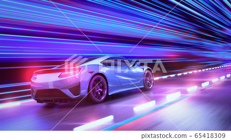 A modern sports car drives quickly through an abstract light tunnel . A modern sports car drives quickly through an abstract light tunnel . 65418309