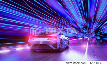 A modern sports car drives quickly through an abstract light tunnel . A modern sports car drives quickly through an abstract light tunnel . 65418310