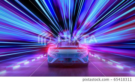 A modern sports car drives quickly through an abstract light tunnel . A modern sports car drives quickly through an abstract light tunnel . 65418311