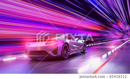 A modern sports car drives quickly through an abstract light tunnel . A modern sports car drives quickly through an abstract light tunnel . 65418312