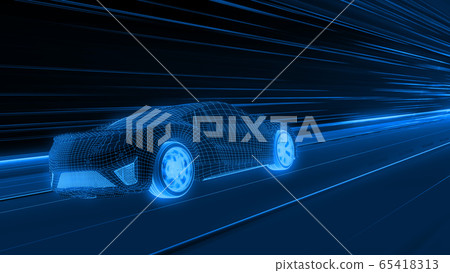 A modern sports car drives quickly through an abstract light tunnel . 65418313