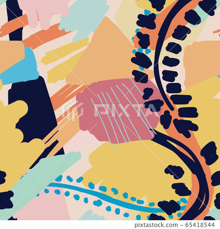 Vector Bright Pastel Abstract Paint Pattern with Botanical Elements Vector Bright Pastel Abstract Paint Pattern with Botanical Elements 65418544