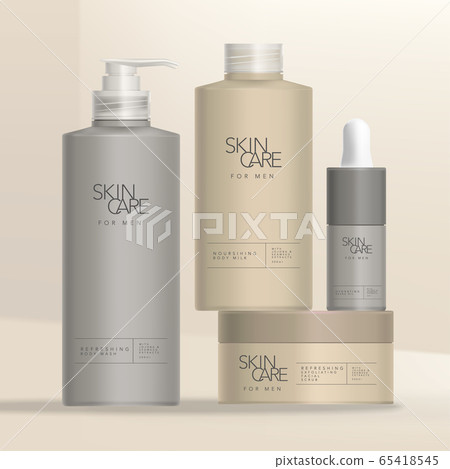 Vector Mens Toiletries & Skincare Set with Dropper Bottle, Screw Cap Bottle , Pump Bottle & Jar Packaging 65418545