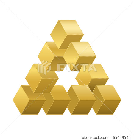 Optical illusion, impossible figure with golden cubes. Isolated vector illustration on white background. 65419541