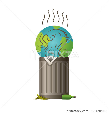 Earth global warming. Vector planet at the landfill. Warning ecology poster. Concept global drought. Poorly globe character of cartoon earth 65420462