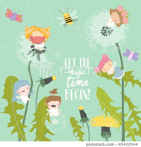Cute little cartoon fairies flying above dandelions Cute little cartoon fairies flying above dandelions 65420544