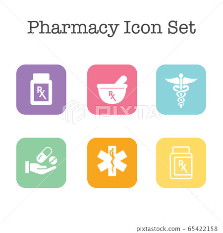 Pharmacy and Prescription Icon Set with mortar and Pharmacy and Prescription Icon Set with mortar and 65422158