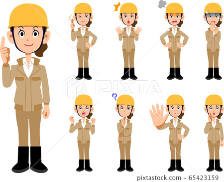 Construction _ Woman in beige work clothes _ A set of 9 poses 65423159