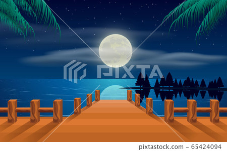 landscape of wooden bridge on the beach in the moon night landscape of wooden bridge on the beach in the moon night 65424094
