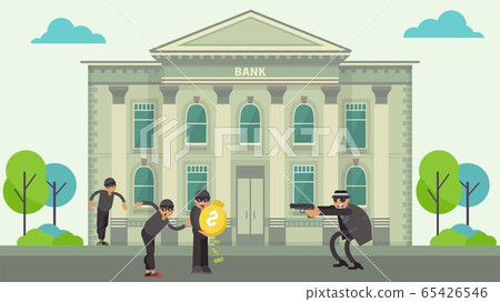 Bank robbery by thieves, crime committed by armed criminals, robbers stole money, design, cartoon style vector illustration. 65426546