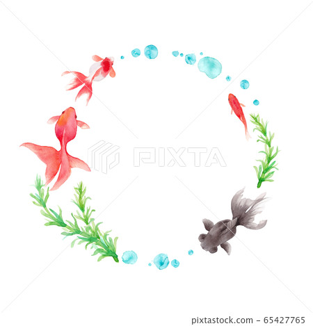 A circular frame decorated with goldfish and aquatic plants. Watercolor illustration trace vector A circular frame decorated with goldfish and aquatic plants. Watercolor illustration trace vector 65427765