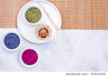 Green, blue and pink matcha powder Green, blue and pink matcha powder 65428489