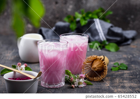 Pink matcha ice latte with milk Pink matcha ice latte with milk 65428552