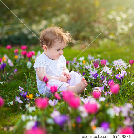 Child in spring park with flowers 65429886