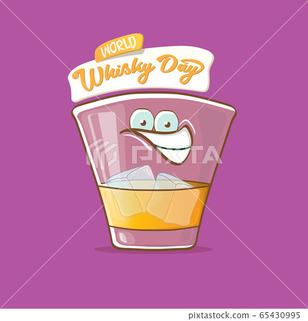World Whisky Day banner with vector funny cartoon smiling whiskey glass character isolated on violet backgound. whiskey day vector concept illustration. funky hipster alcohol character label 65430995