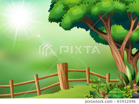 Fenced yard scene with tree 65432046