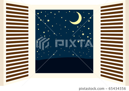 Open window window frame frame night starry sky mood illustration 65434356